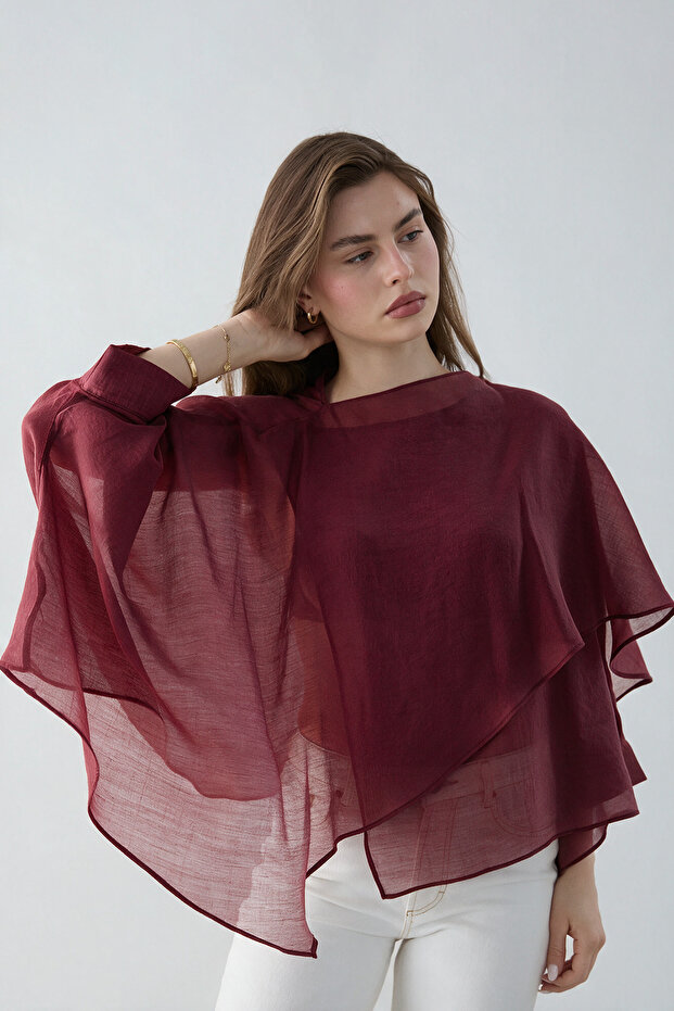 Burgundy Oversize Slim Draped Woven Blouse Twoss26Bz00653