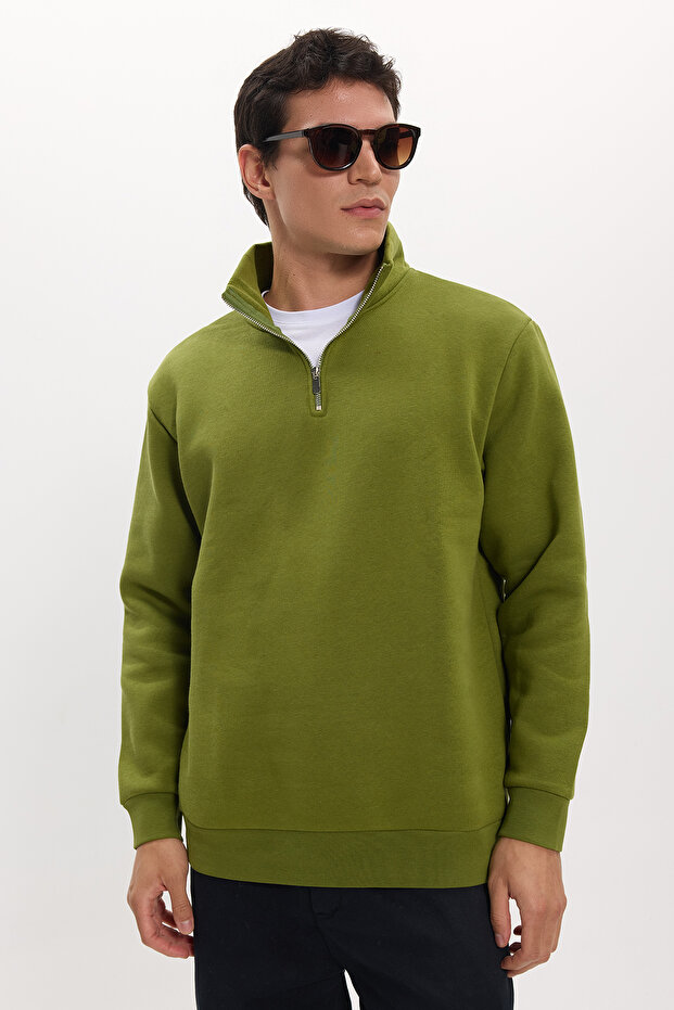 Unisex relax fit comfortable cut cotton fleece lined half zipper khaki high neck sweatshirt
