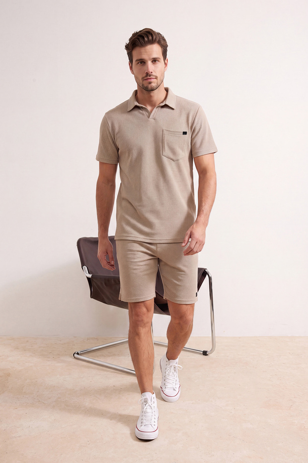 Camel Regular/Normal Kesim Dokulu Kumaş Etiketli Polo Yaka Eşofman Takımı TMNSS23EM00003 - 3