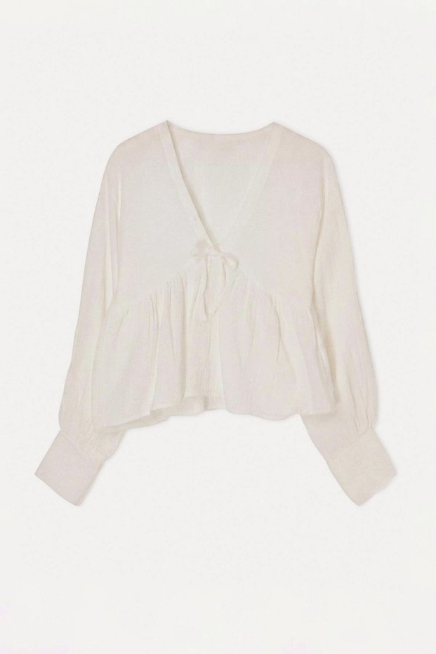 Cream V-Neck Robadan Blouse with Skirt Tdrss26Bz00083