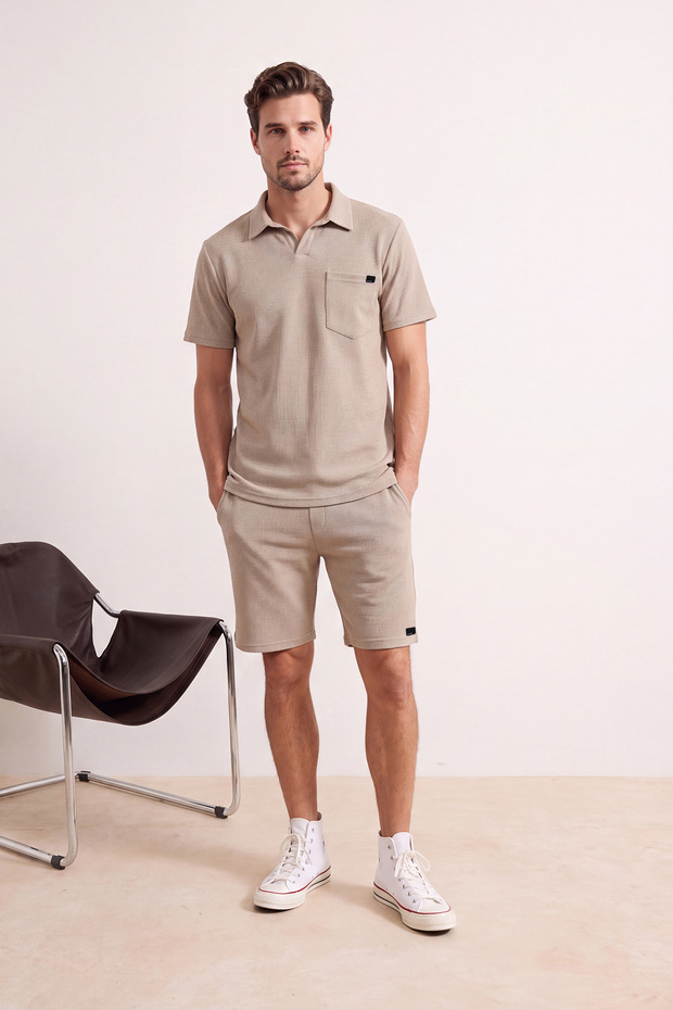 Camel Regular/Normal Kesim Dokulu Kumaş Etiketli Polo Yaka Eşofman Takımı TMNSS23EM00003 - 1