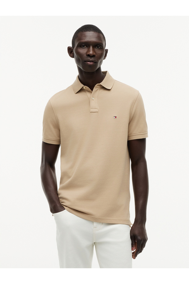 Men's Woven Polo Collar Short Sleeve Casual Beige T-Shirt