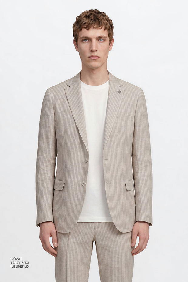 Men's Beige 100% Linen Extra Slim Fit Tie-Waist Suit with Flap Pockets