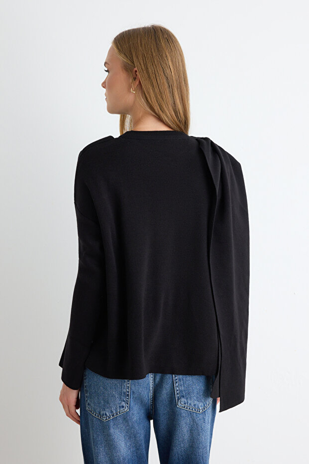 Vücut Seçmeyen Siyah Süper Oversize/Geniş Kalıp Şal Detaylı Triko Panço TWOAW26KZ00160 - 4