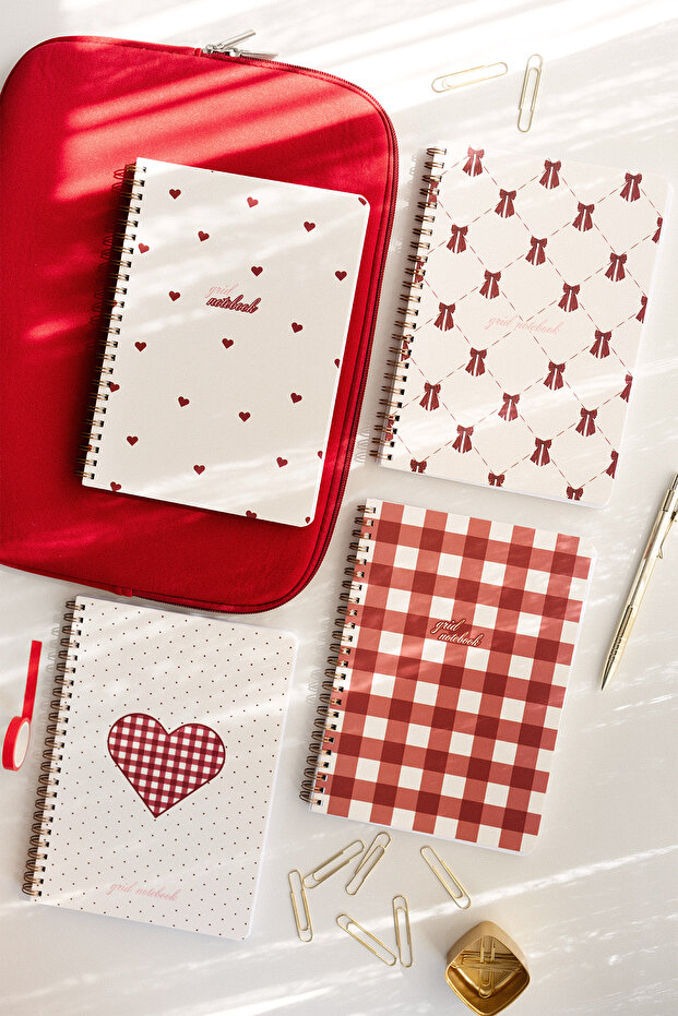 A5 Spiral Cardboard Cover Set of 4 Checkered School Notebooks 80 Sheets - Red with Lesson Schedule