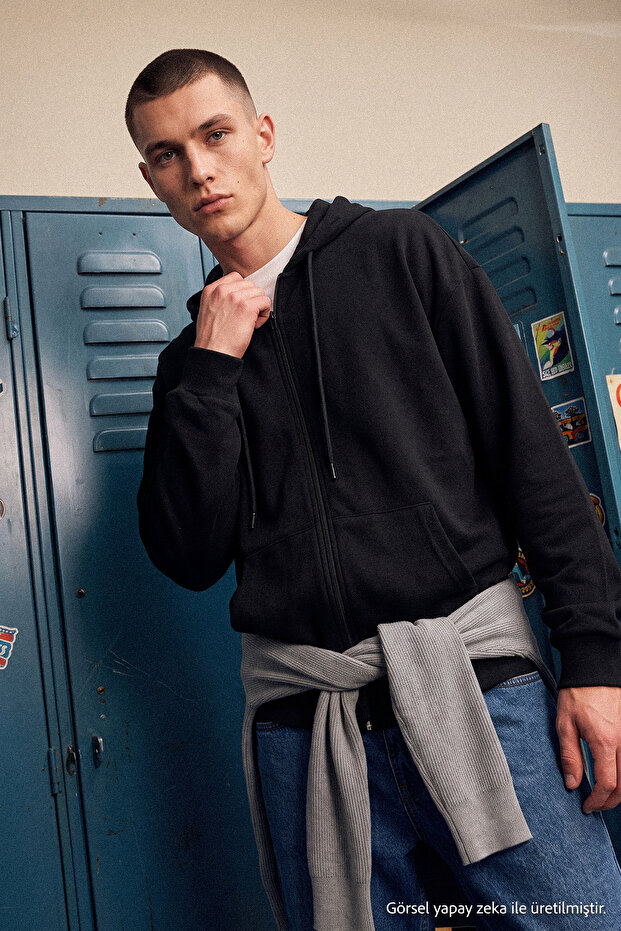 Siyah Oversize/Geniş Kesim Kapüşonlu Fermuarlı Şardonsuz Sweatshirt-Hırka TMNAW22SW0620 - 5