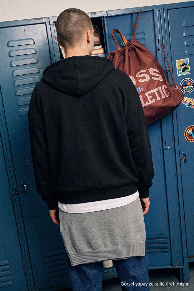 Siyah Oversize/Geniş Kesim Kapüşonlu Fermuarlı Şardonsuz Sweatshirt-Hırka TMNAW22SW0620 - 6
