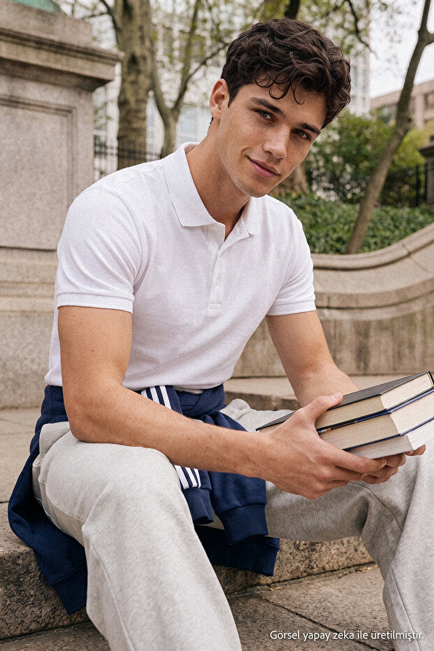 Beyaz Slim/Dar Kesim Yakası Çizgili Basic %100 Pamuk Polo Yaka T-shirt TMNSS20PO0009 - 1
