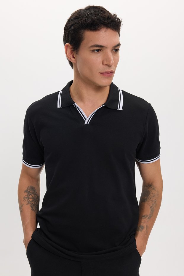 Men's Slim Fit 100% Cotton Striped Detailed V-Neck Black Polo Neck T-Shirt