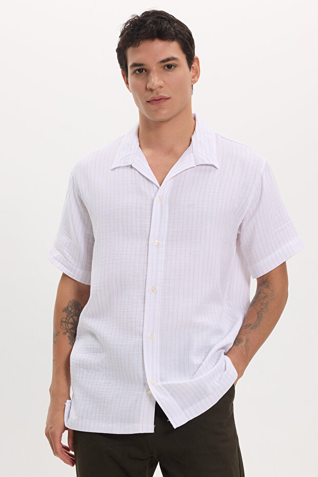 Men's Relax Fit Comfortable Cut 100% Cotton Muslin Fabric Short Sleeve Striped Shirt