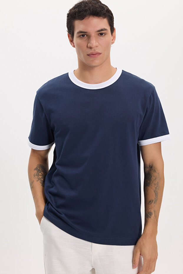Men's Regular Fit Classic Cut 100% Cotton Short Sleeve Crew Neck Navy Blue T-Shirt