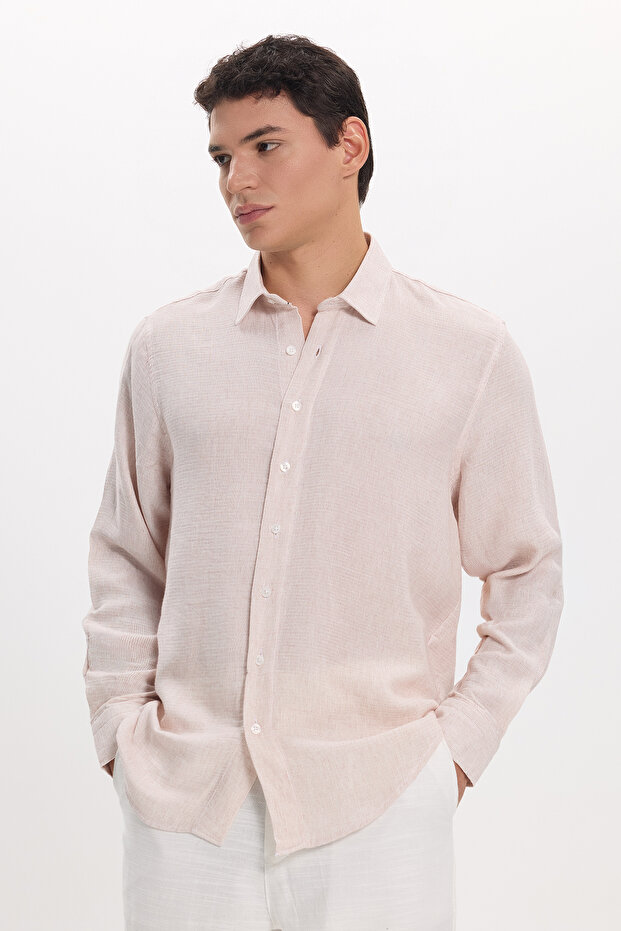 Men's Regular Fit Classic Cut Long Sleeve Muslin Fabric Brown Shirt