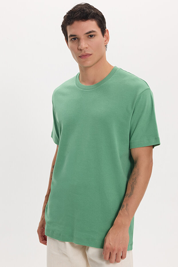 Unisex Relax Fit Relaxed Fit 100% Cotton Soft Textured Lightweight Thick Green Crew Neck T-Shirt
