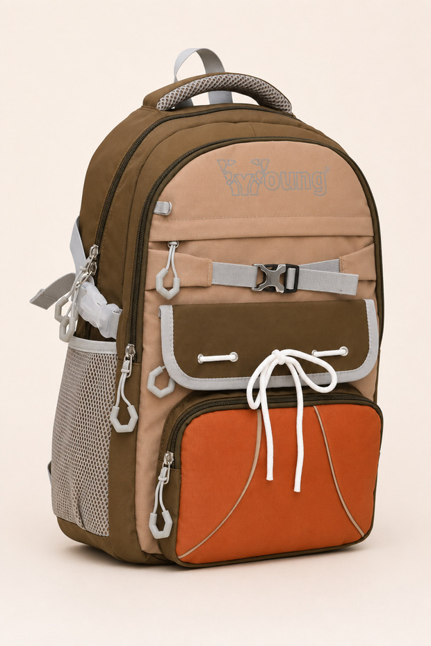 Primary School Middle School School Bag Unisex Children's Multi-Compartment Backpack with Water Bottle Pocket Beige 51783