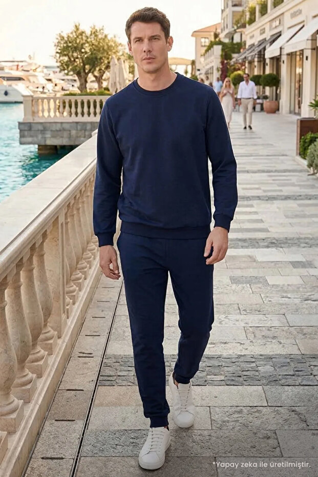 Men's Relax Fit Cotton 2 Thread Soft Textured Crew Neck Navy Blue Tracksuit Set