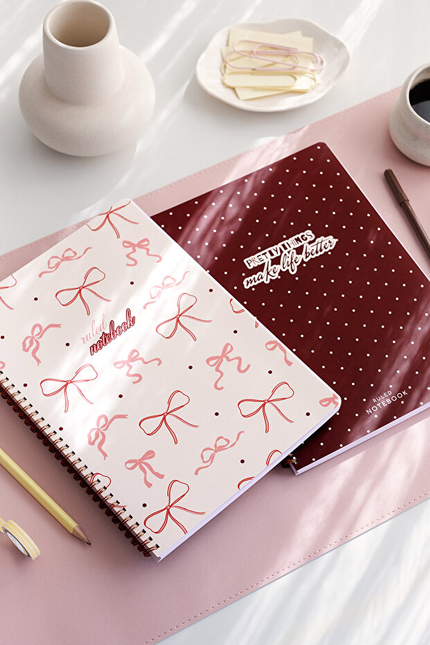 A4 Spiral Cardboard Cover Set of 2 Lined School Notebooks 80 Sheets, Lesson Schedule Maroon Ribbon