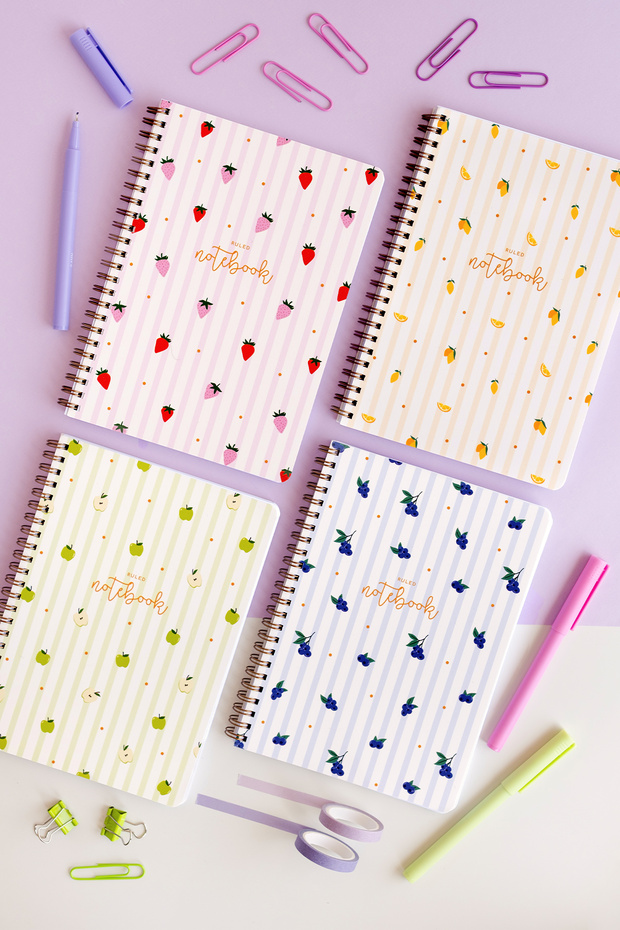 A5 Spiral Cardboard Cover Set of 4 Lined School Notebooks 80 Sheets - Fruits with Lesson Schedule