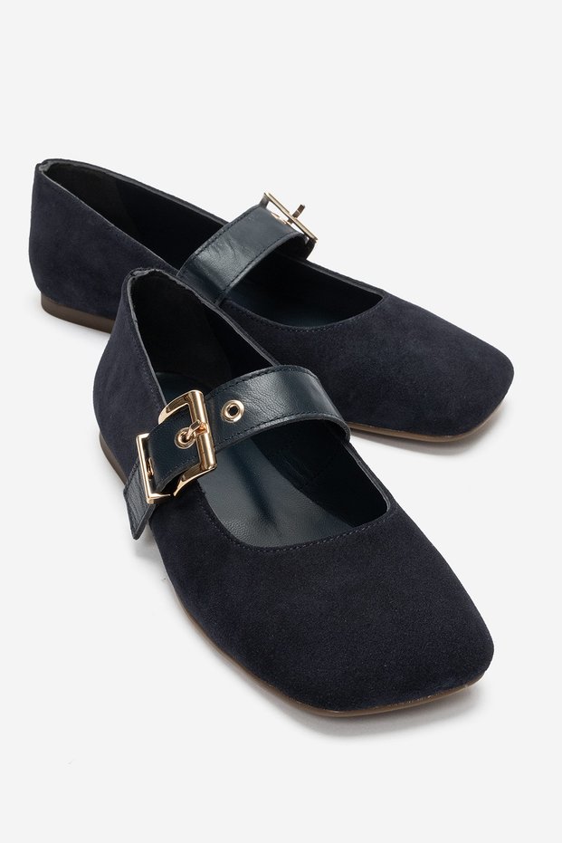 Jonas Navy Blue Suede Genuine Leather Women's Ballerina Shoes with Belt