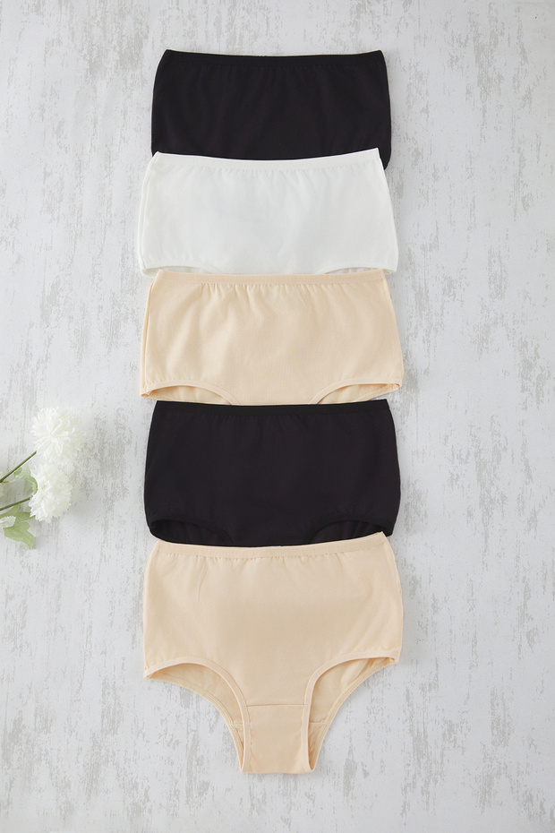 Siyah-Beyaz-Ten 5'li Paket Pamuklu Yüksek Bel Hipster Örme Külot THMSS25KU00030 - 3