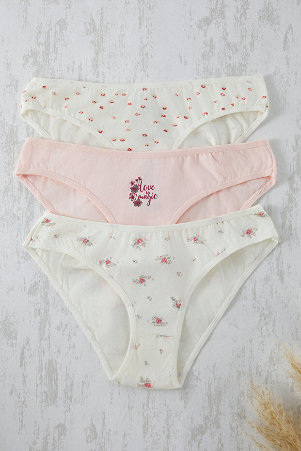 Pembe-Çok Renkli 3'lü Paket Pamuklu Çiçekli Klasik Örme Külot THMSS25KU00040 - 3