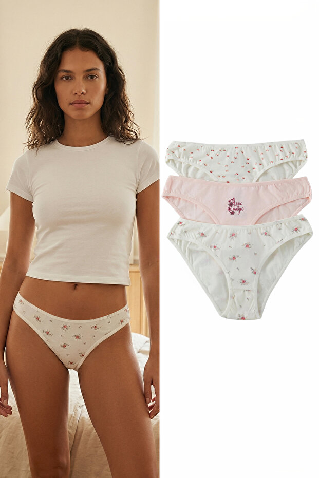 Pembe-Çok Renkli 3'lü Paket Pamuklu Çiçekli Klasik Örme Külot THMSS25KU00040 - 1