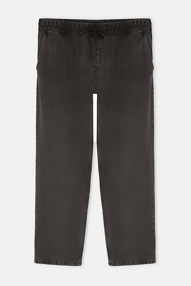 Siyah %100 Pamuk Regular Fit Beli Lastikli Jeans Bol Kot Pantolon TMNAW24JE00025 - 6
