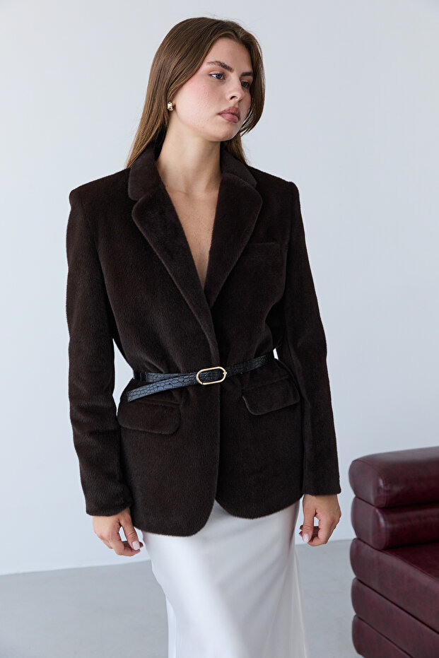 Kahverengi Kemerli Tüylü Kaşe Regular/Normal Kalıp Blazer Blazer Ceket TWOAW26BC00041 - 3