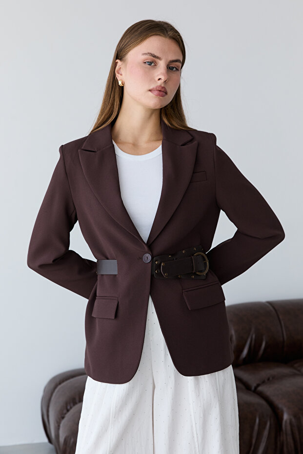 Koyu Kahverengi Kendinden Kemerli Blazer Ceket TWOSS26BC00040