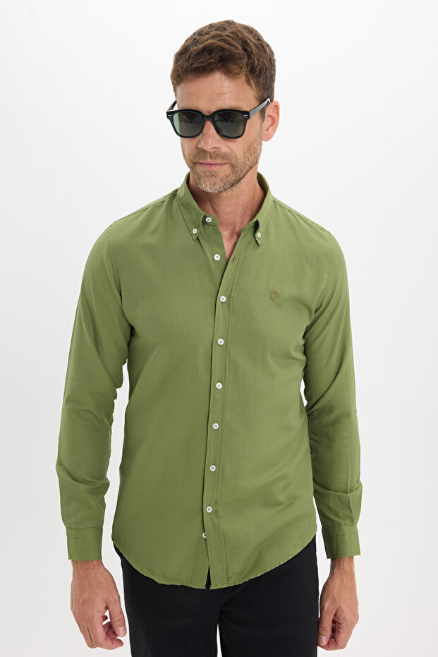 Men's Slim Fit Slim Fit Plain Oxford Embroidered Button down Collar Green Sports Shirt