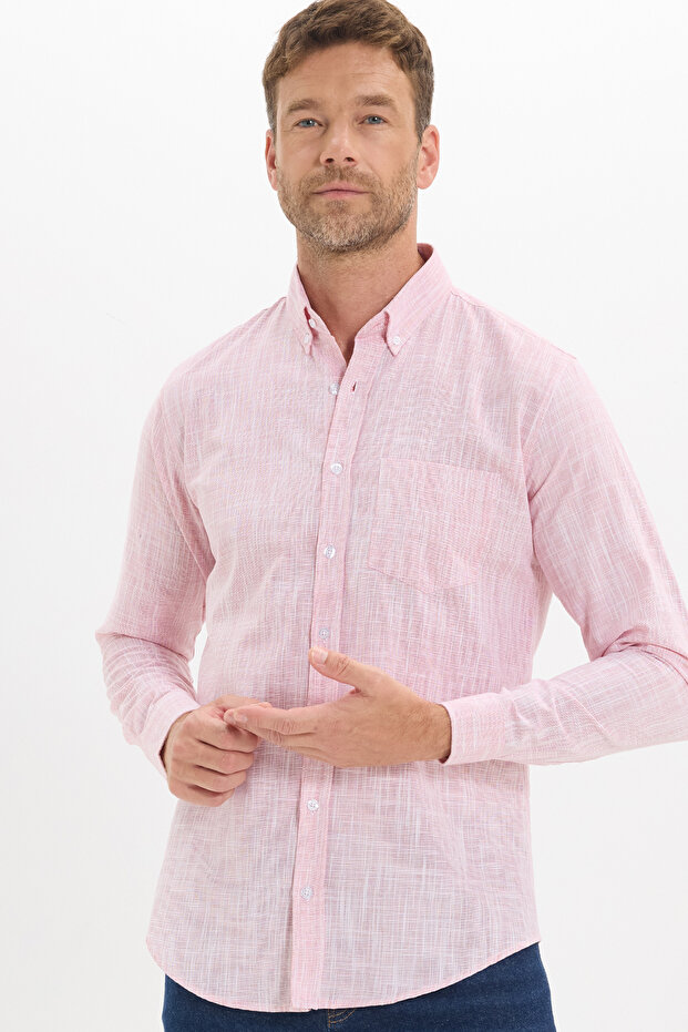 Men's Slim Fit Long Sleeve 100% Cotton Linen Effect Buttoned Collar Comfortable Red Shirt