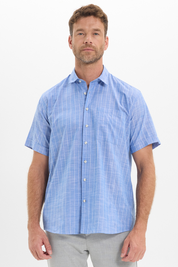 Men's Regular Fit Classic Cut Oversize 100% Cotton Linen Texture Pocketed Striped Short Sleeve Cobalt Blue Shirt
