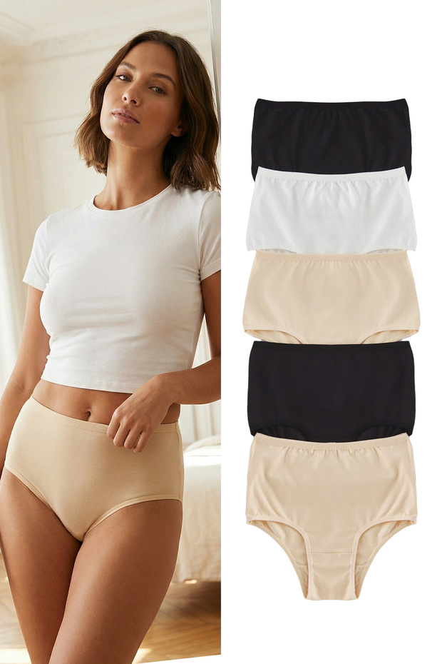 Siyah-Beyaz-Ten 5'li Paket Pamuklu Yüksek Bel Hipster Örme Külot THMSS25KU00030 - 1