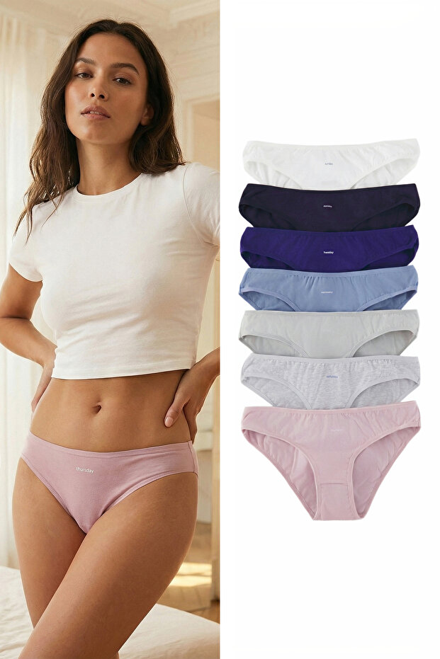 Mavi 7'li Paket Pamuklu Sloganlı Klasik Örme Külot THMAW25KU00030 - 1