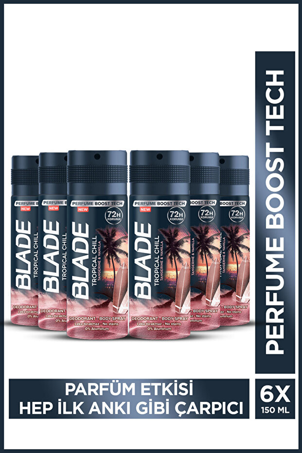 Tropical Chill Erkek Alüminyumsuz Deodorant Body Spray 6x150ml Hızlı Kurur,Leke Bırakmaz
