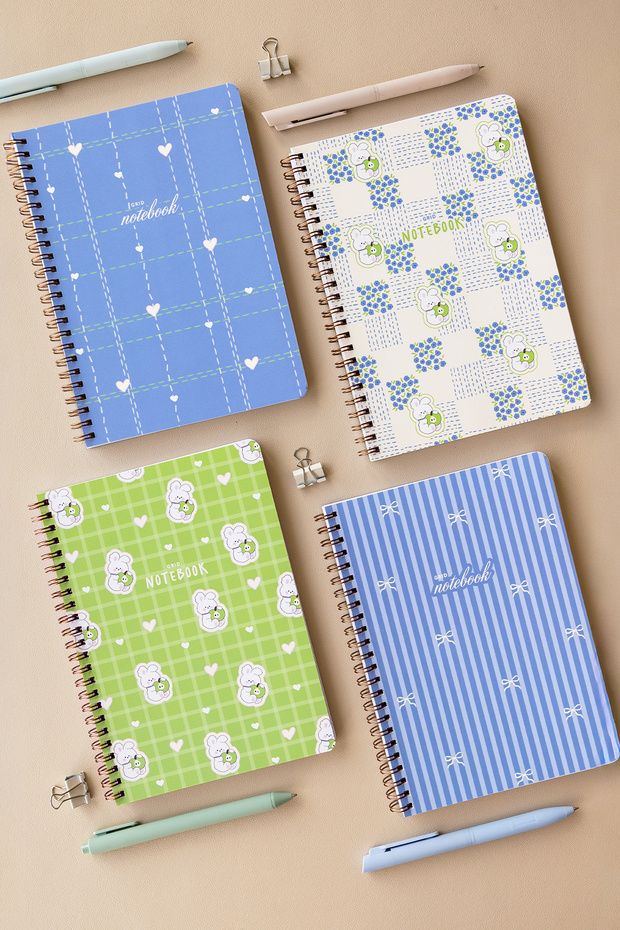 A5 Spiral Bound Cardboard Cover Set of 4 Checkered School Notebooks 80 Sheets - Blue with Lesson Schedule