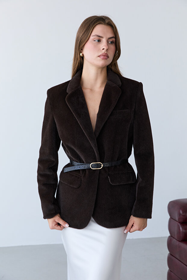 Kahverengi Kemerli Tüylü Kaşe Regular/Normal Kalıp Blazer Blazer Ceket TWOAW26BC00041 - 1