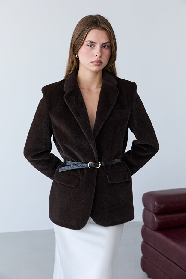Kahverengi Kemerli Tüylü Kaşe Regular/Normal Kalıp Blazer Blazer Ceket TWOAW26BC00041 - 2