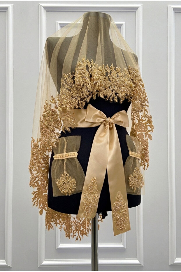 Gold Bridal Veil Set, Sparkling Glass Bead Printed, Henna Night Veil Set 6 Pieces
