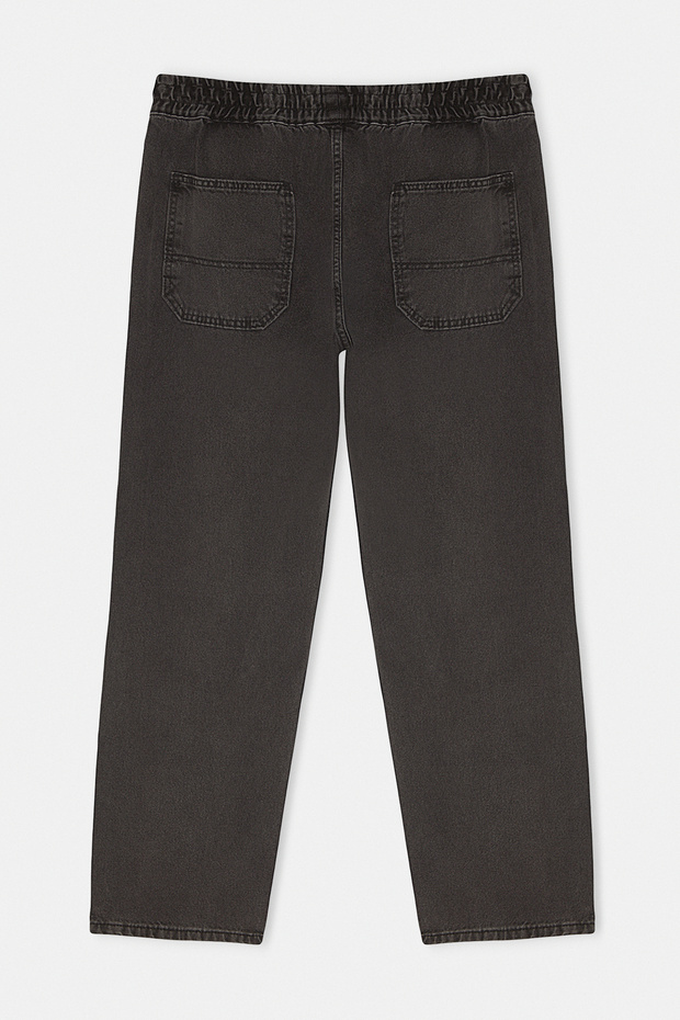 Siyah %100 Pamuk Regular Fit Beli Lastikli Jeans Bol Kot Pantolon TMNAW24JE00025 - 8