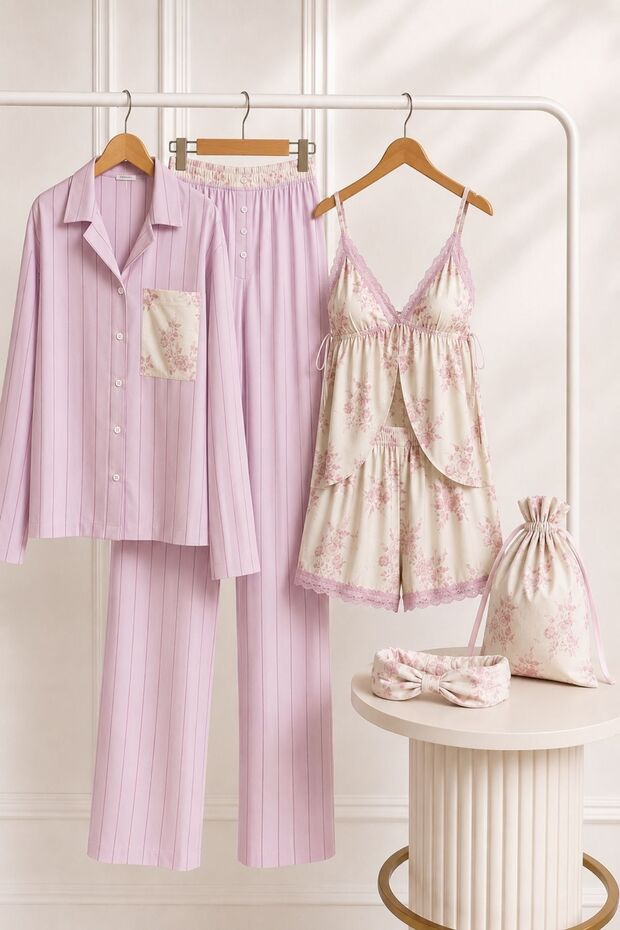 6 Piece Viscose Woven Floral Bridal Homewear Set