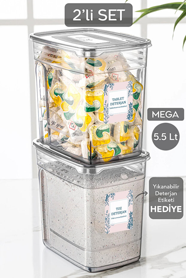 2-Piece Mega Labeled Detergent Storage Box Lena Tablet Detergent Storage Container with Practical Lid 2x5.5 Lt