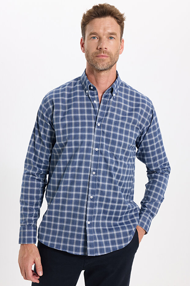 Classic Fit Long Sleeve Buttoned Collar Small Checkered Cotton Navy Blue Men's Shirt