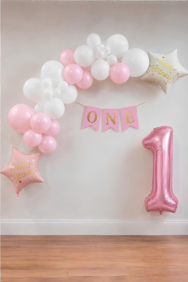 Pink One 1St Birthday Party Set – White and Pink Balloon Decoration Set