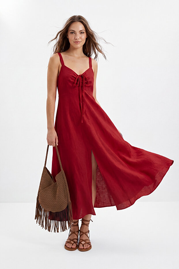 Red 100% Cotton A-Line/A Bell Shape Maxi Woven Dress Twoss26El00664
