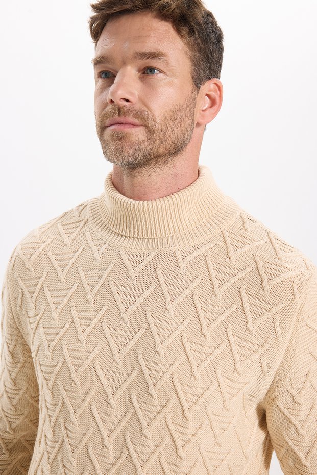 Men's Slim Fit Slim Fit Full Turtleneck Print Cream Knitwear Sweater