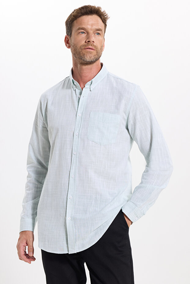 Men's Slim Fit Long Sleeve 100% Cotton Linen Effect Buttoned Collar Comfortable Green Shirt