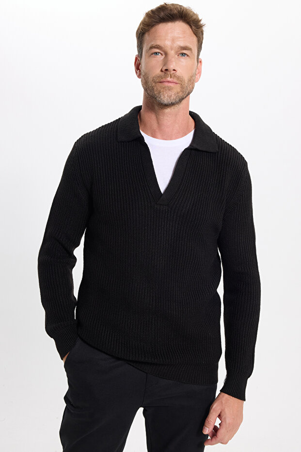 Men's Slim Fit Slim Fit Polo Neck Black Sweater