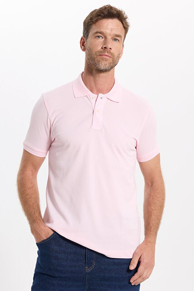 Men's Slim Fit Premium Series 100% Cotton Soft Textured Mercerized Pink Polo Collar T-Shirt