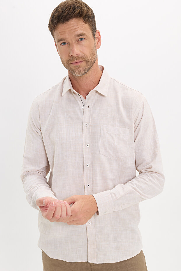 Men's Classic Fit Regular Cut Long Sleeve 100% Cotton Linen Texture Green Shirt
