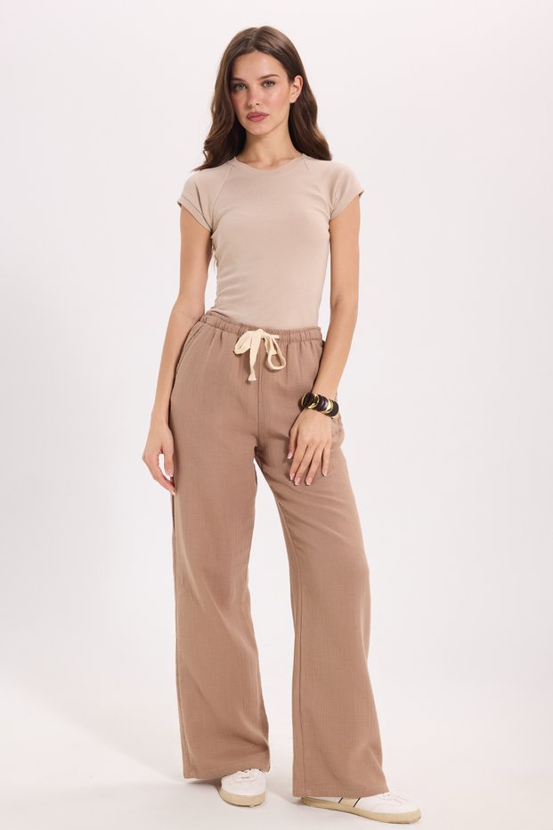 Women's 100% Cotton Baggy Fit Comfortable Cut Elastic Waist Muslin Fabric Beige Trousers with Pockets